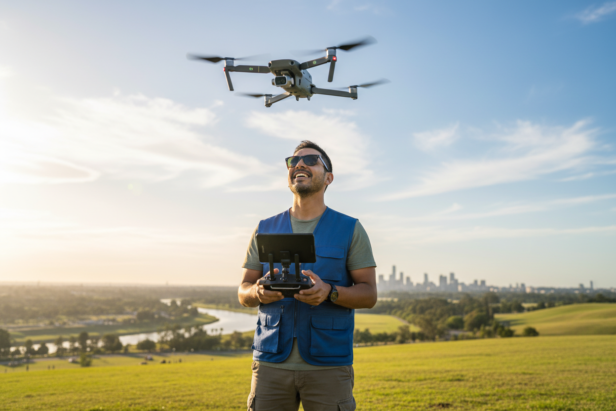 hombre latino usando un drone 