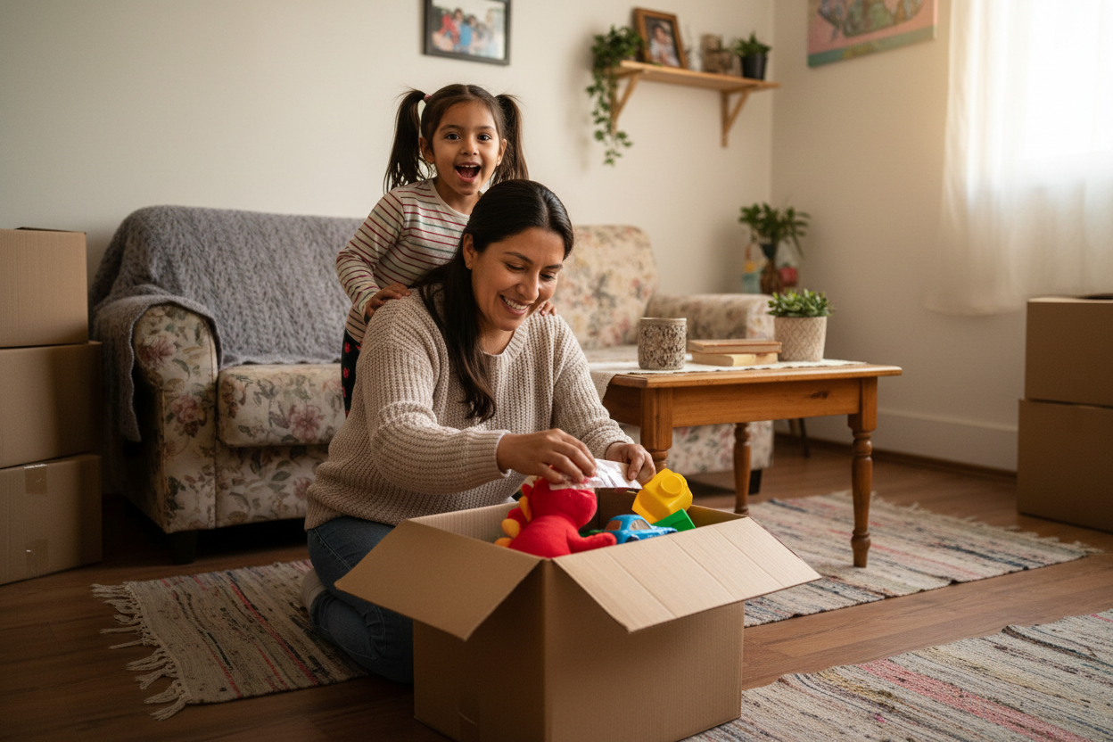 MUJER LATINA ABRIENDO SU PAQUETE CON JUGYETERIA Y UNA NIÑA FELIZ ATRAS QUE SEA EN UNA SALA DE FAMILIA DE BAJOS RECURSOS QUE SE VEAN MUY FELICES 