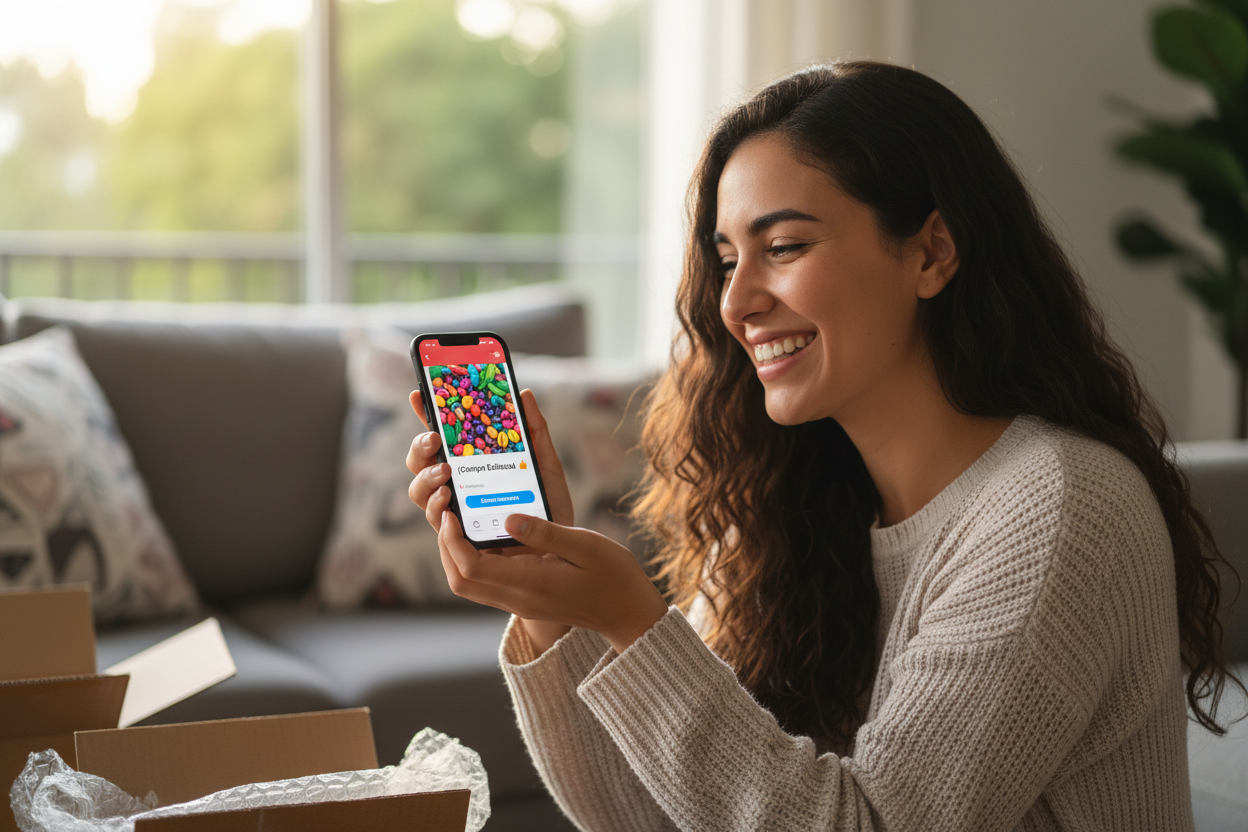 un persona de colombia coprando desde su celular sonriendo 